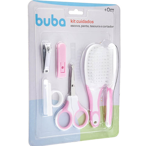 Kit Cuidados Bebê Buba Rosa Cortador de Unha Tesoura Pente Escova Cabelo Higiene