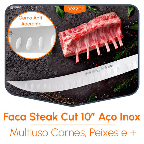 Faca de Açougue Inox Cabo Branco 10' Açougueiro Profissional Lâmina Curva Granton Edge Mundial