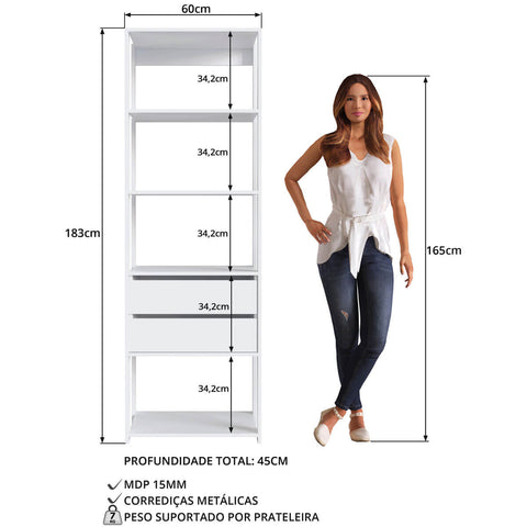 Estante Livreiro 4 Prateleiras e 2 Gavetas Branco 60x45x183cm Closet Modulado Multiuso