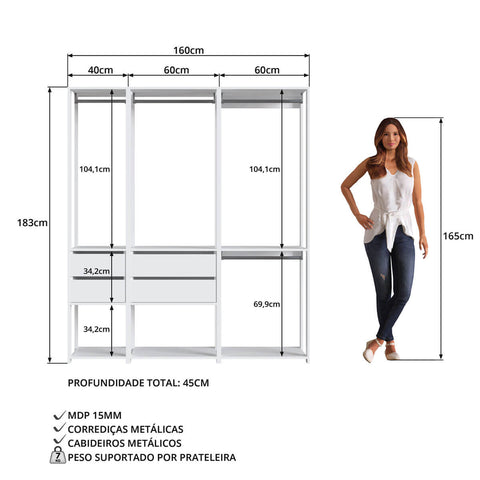 Guarda Roupa Closet 3 peças com Cabideiros e Gavetas Branco com Nichos Easy Prodecor