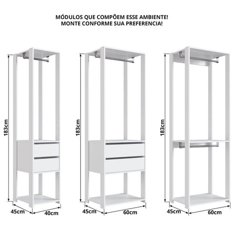 Guarda Roupa Closet 3 peças com Cabideiros e Gavetas Branco com Nichos Easy Prodecor