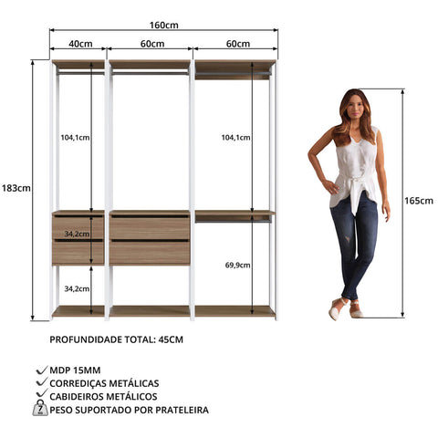 Guarda Roupa Closet 3 Peças com 3 Cabideiros 4 Gavetas e 2 Nichos Easy Prodecor