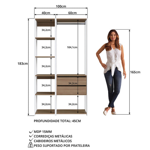 Guarda Roupa Closet 2 Peças Cabideiro Gaveta Branco e Montana com Nichos Módulos Multiuso Prodecor