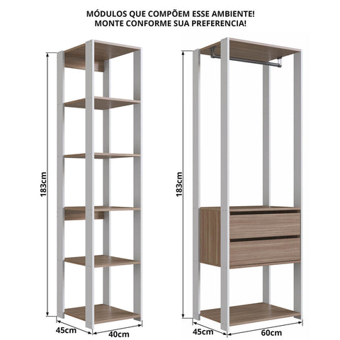 Guarda Roupa Closet 2 Peças Cabideiro Gaveta Branco e Montana com Nichos Módulos Multiuso Prodecor