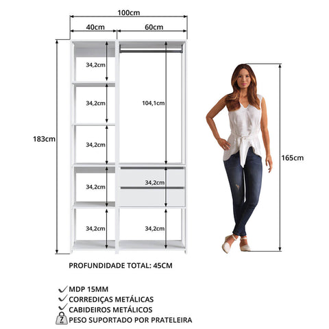 Guarda Roupa Closet 2 Pecas Cabideiro Gaveta Branco Prodecor Com Nichos Modulos Easy Multiuso