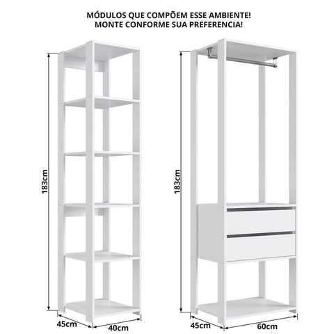 Guarda Roupa Closet 2 Pecas Cabideiro Gaveta Branco Prodecor Com Nichos Modulos Easy Multiuso