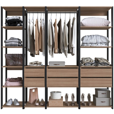 Guarda Roupa Closet 4 Peças Cabideiro Gaveta Preto e Montana Módulos Multiuso Easy Prodecor