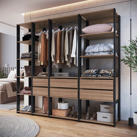 Guarda Roupa Closet 4 Peças Cabideiro Gaveta Preto e Montana Módulos Multiuso Easy Prodecor