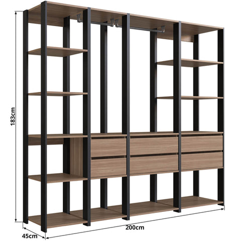 Guarda Roupa Closet 4 Peças Cabideiro Gaveta Preto e Montana Módulos Multiuso Easy Prodecor