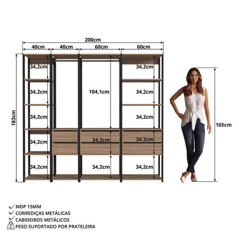 Guarda Roupa Closet 4 Peças Cabideiro Gaveta Preto e Montana Módulos Multiuso Easy Prodecor