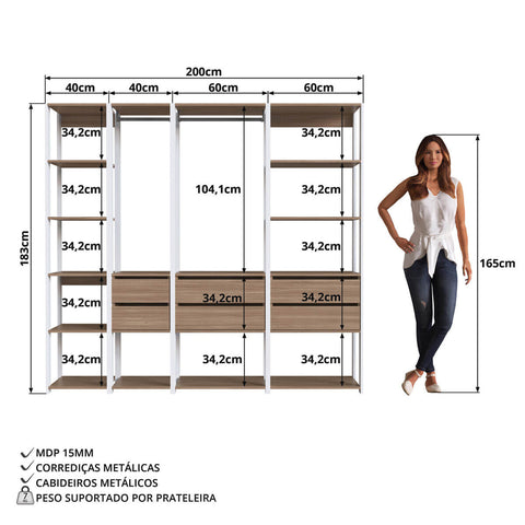 Guarda Roupa Closet 4 Peças com 2 Cabideiros 6 Gavetas e 11 Nichos Easy Prodecor