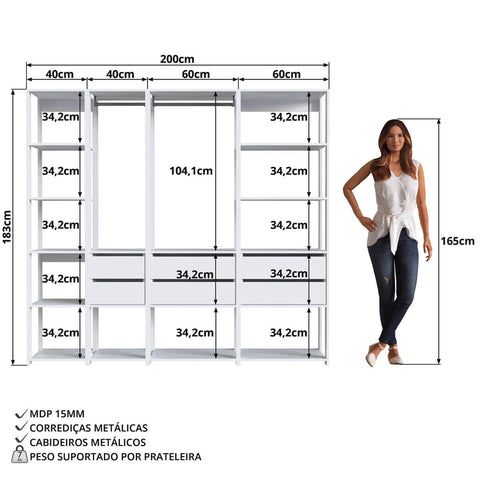 Guarda Roupa Closet 4 Peças Cabideiro Gaveta Branco Prodecor Módulos Multiuso Easy