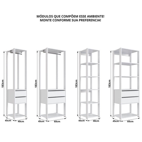 Guarda Roupa Closet 4 Peças Cabideiro Gaveta Branco Prodecor Módulos Multiuso Easy