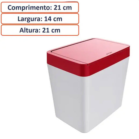 Lixeira Retangular 5L Crippa Cozinha Escritório Pequena Branco e Vermelho