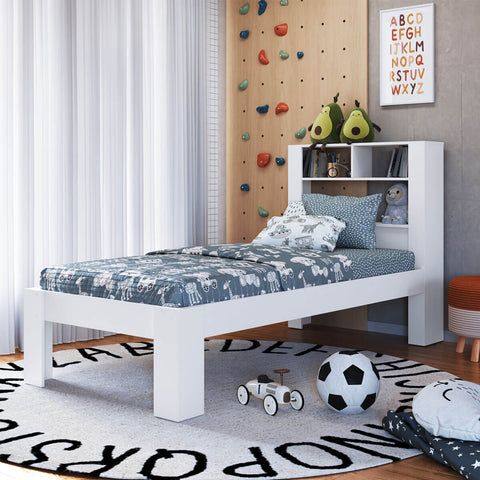 Cama de Solteiro com Cabeceira de Prateleira Branco Prodecor 214x96x111cm