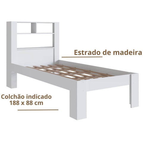 Cama de Solteiro com Cabeceira de Prateleira Branco Prodecor 214x96x111cm