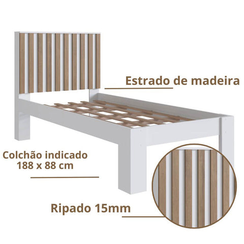 Cama Solteiro Com Cabeceira Ripada Branco e Mel 206x96x108cm Prodecor Cama Infantil