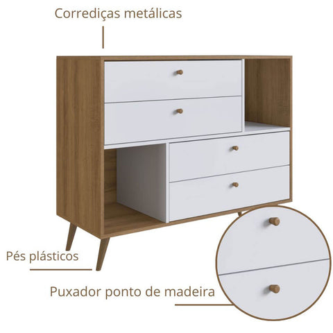 Cômoda Com 4 Gavetas E 2 Nichos Branco E Mel 110x45x90cm Mdp Prodecor Com Pés Retrô