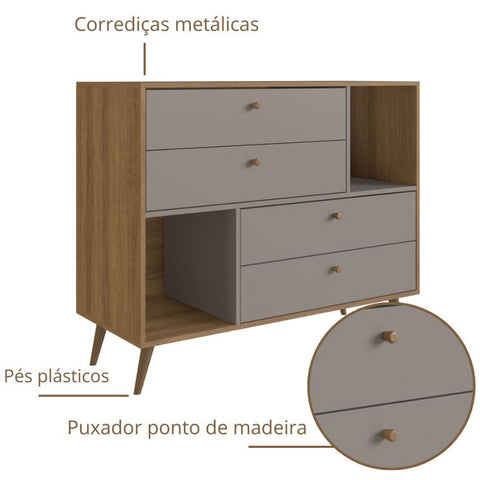 Cômoda Com 4 Gavetas E 2 Nichos Mel e Fumê 90x110x45cm Mdp Prodecor Com Pés Retrô