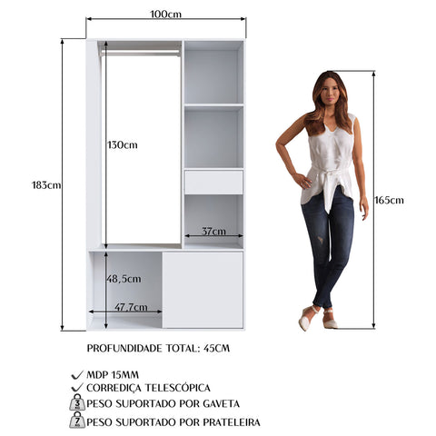 Guarda Roupas Closet Gaveta Cabideiro 2 Prateleiras e Porta CL100 Branco Prodecor