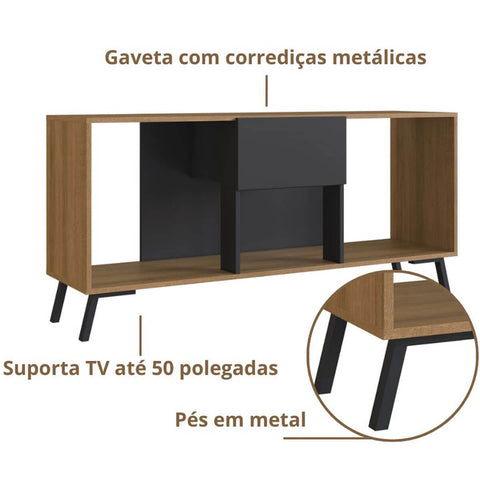 Rack Aparador Sala Tv Até 50' Preto e Mel 136x38x64cm com Gavetas Prodecor