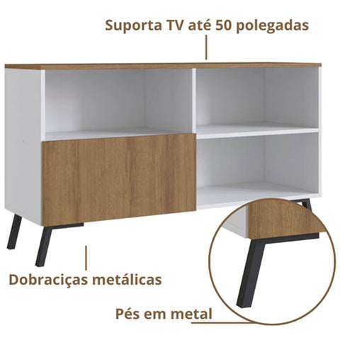 Rack Para Sala Tv até 50' com Porta 118x38x67cm Branco e Mel Prodecor Aparador Hall de Entrada