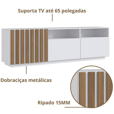 Rack Para Tv até 65' com portas 180x40x55cm Branco e Mel MDP Detalhe em Ripado Prodecor