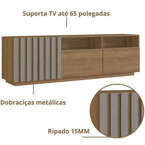 Rack Para Tv até 65' com 3 portas 180x40x55cm Mel e Fumê MDP Detalhe em Ripado Prodecor