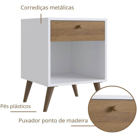 Mesa de Cabeceira com Gaveta e prateleira 40cm Branco e Mel Prodecor Pés Retrô