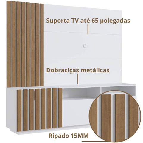 Rack com Painel Para Tv até 65" Ripado 180cm em Branco e Mel Prodecor