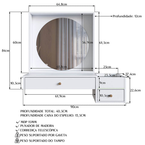 Penteadeira Suspensa com Espelho Gavetas e Nicho Branca 90cm Prodecor