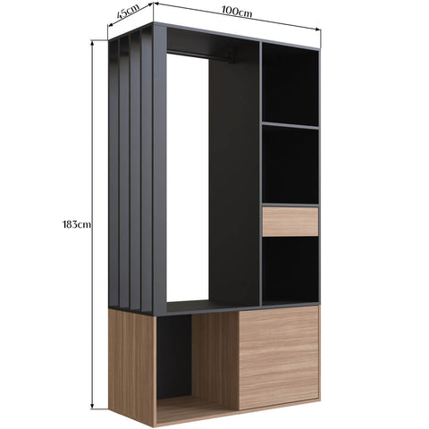 Guarda Roupa Closet Gaveta E Cabideiro Preto E Montana 100cm Com Prateleiras Detalhe Ripado Prodecor