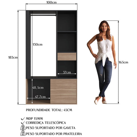 Guarda Roupa Closet Gaveta E Cabideiro Preto E Montana 100cm Com Prateleiras Detalhe Ripado Prodecor