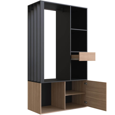 Guarda Roupa Closet Gaveta E Cabideiro Preto E Montana 100cm Com Prateleiras Detalhe Ripado Prodecor