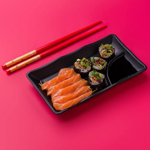 6 Pratos Pretos Sushi com Molheira 19x12cm Melanina Travessa Servir Gourmet Mix