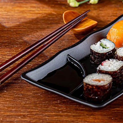 10 Pratos para Sushi 19x12cm com Porta Shoyu Melanina Comida Japonesa