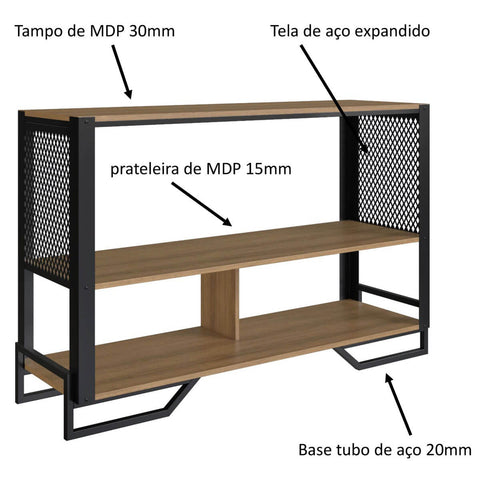 Balcão Aparador 2 Prateleiras 134x40x85cm Estilo Industrial Telado Preto Mel P1021