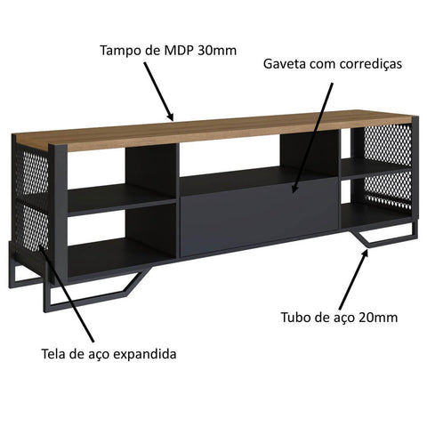 Rack Para Sala Telado 5 Nichos 183x40x57cm MDP Aço Preto Industrial Placa e Ponto