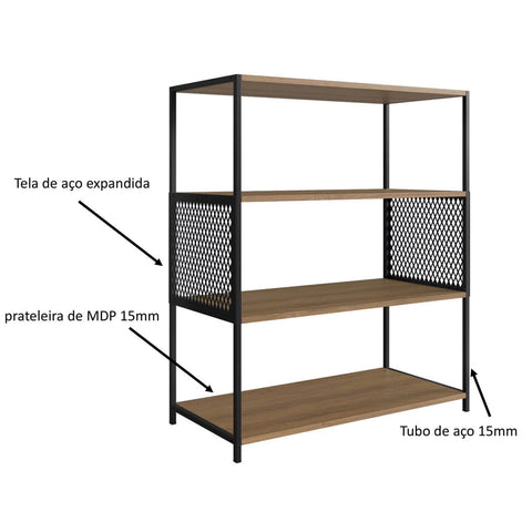 Estante Média 3 Prateleiras 77x38x94cm MDP Estilo Industrial P1024 Mel Placa e Ponto