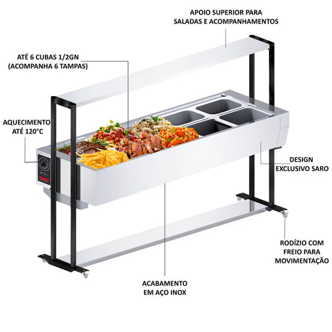 Buffet Térmico Saro 10 Cubas 1/2 Tampa Inox 127V BF1011 Self Service