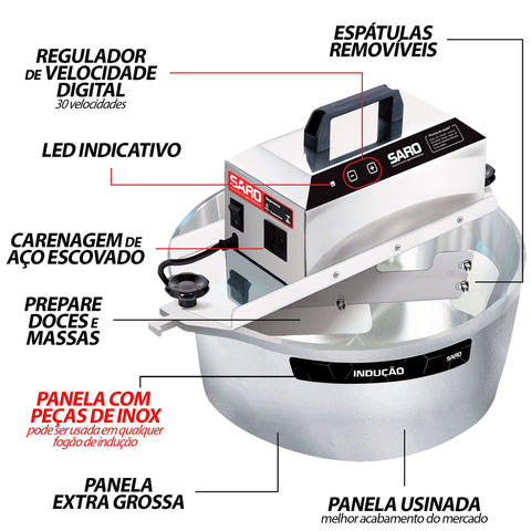 Panela De Indução Mexedora Doceira 10 Litros Frequência 50-60hz Pa10pi Saro Bivolt