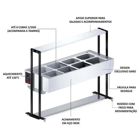 Buffet Térmico 220V Inox 8 Cubas 1/2 com Tampa Aquecido para Restaurantes e Eventos