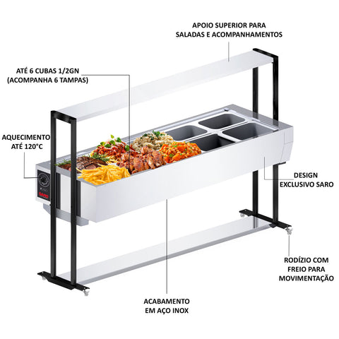 Buffet Térmico Aquecido Para Restaurante Inox 10 Cubas 1/2 Tampa 220V BF1022