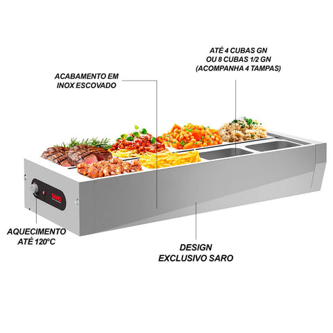 Buffet Térmico de Mesa Aquecido Inox 8 Cubas 1/2 com Tampa 127V