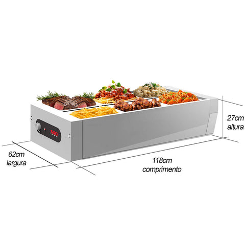 Buffet de Mesa Térmico Aquecido de Inox 6 Cubas 1/2 tampa 220V Para Restaurantes