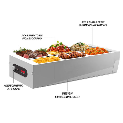 Buffet Térmico de Mesa 127v Aquecido em Inox 6 Cubas 1/2 Tampa