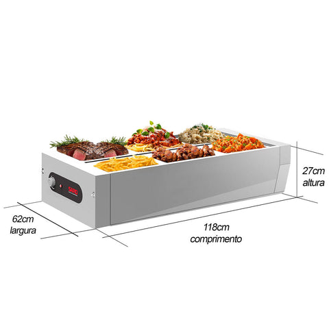 Buffet Térmico de Mesa 127v Aquecido em Inox 6 Cubas 1/2 Tampa