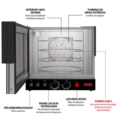 Forno de Pizza Pão de Queijo Turbo Rotativo 2 em 1 com 4 Esteiras 220V Saro