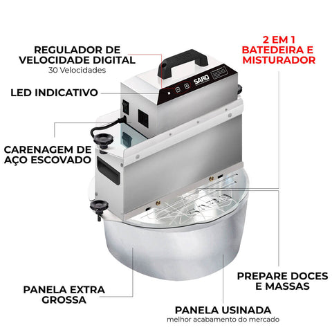 Batedeira Planetária e Misturador Elétrico com Tigela de 10 litros 2 em 1 Saro Bivolt