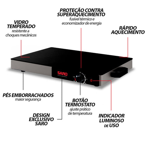 Mesa Térmica 400W Buffet Rechaud Elétrico 127v Tampa de Vidro Temperado Saro